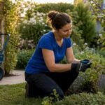 Gardener trimming hedges in accessible backyard