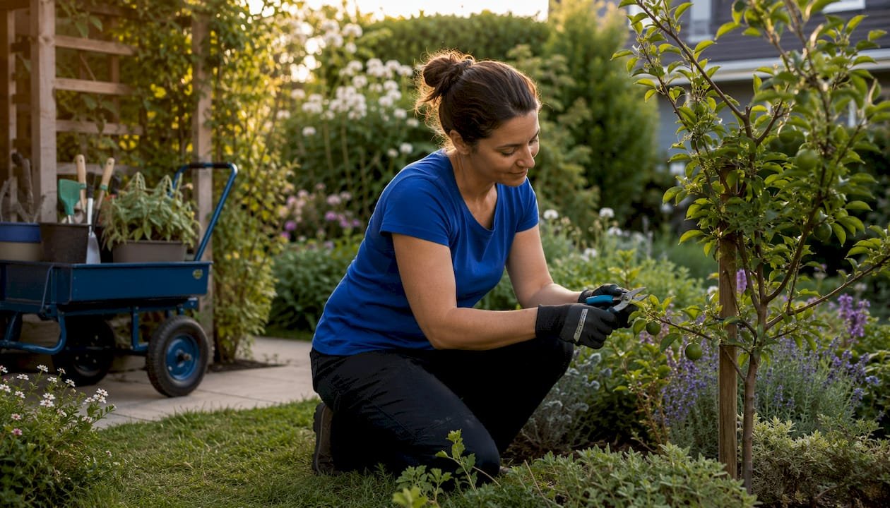 Gardener trimming hedges in accessible backyard